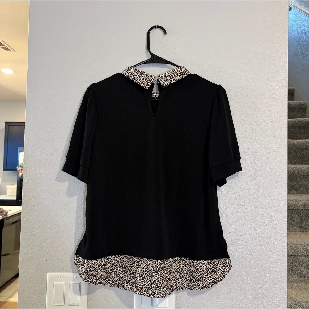 Adrianna Papell Black Leopard Print Mixed Media Layered Top MEDIUM - Picture 5 of 5